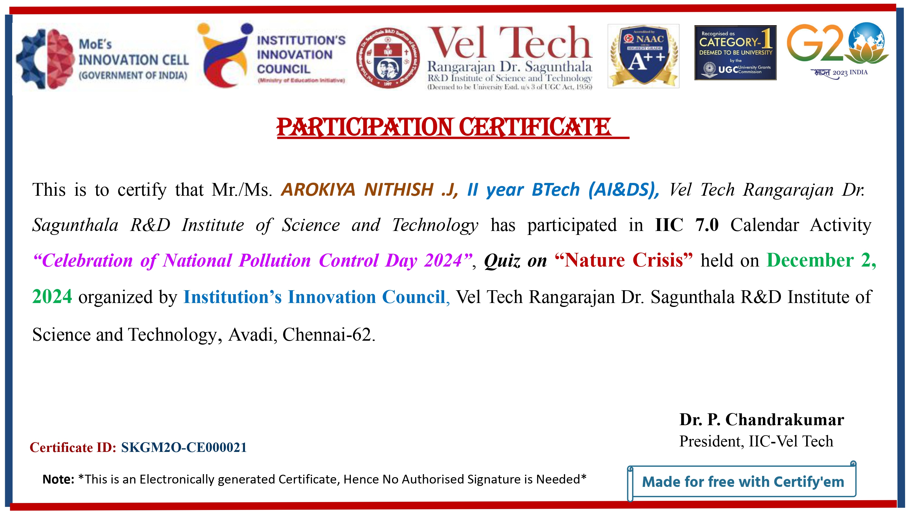 National Pollution Day Certificate